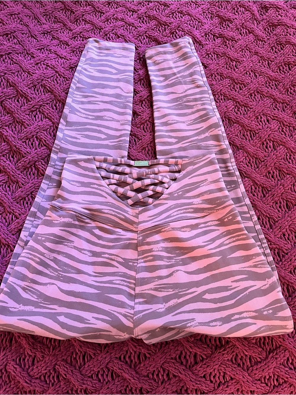 Bombshell Sportswear Pink and Gray Zebra-Print Kids Leggings with Lattice Back